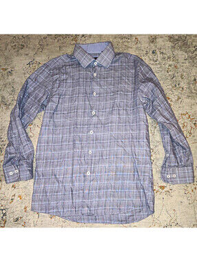 Tattersall Blue Gray Plaid Men's 16" Neck 32/33 100% Cotton Dress Shirt A334